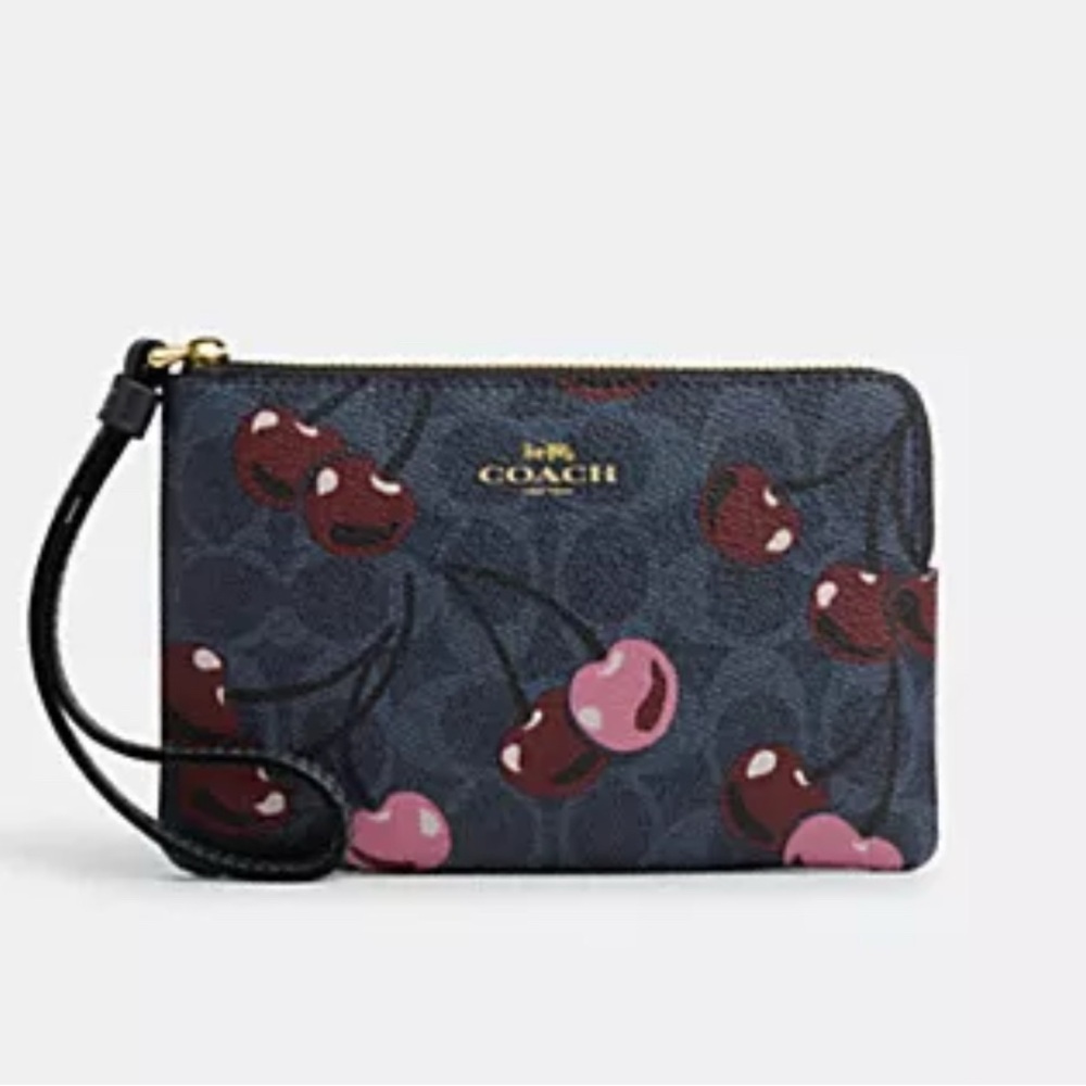 Coach Corner Zip Wristlet with Cherry Print Signature Canvas & Leather NWT